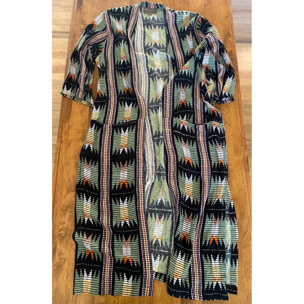 Bel Kazan KimonoDuster AztecPrint 3/4Sleeve OpenFront CoverUp Bohemian Small EUC